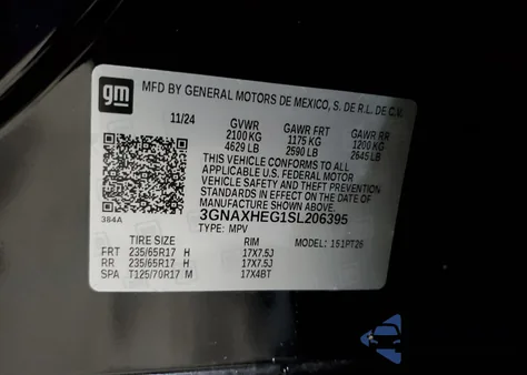 2025 Chevrolet Equinox Lt z USA, uszkodzony, nr VIN 3GNAXHEG1SL206395